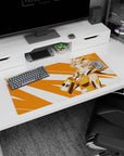 32x16 inches mouse pad showing a peach-haired anime heroine in gold armor before speed-line stripes.
