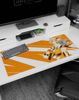 36x16 inches desk pad featuring a cheerful anime heroine in gold-accent armor against bold orange stripes.