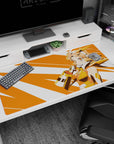 Peach-haired anime heroine on a 40x20 inches desk pad, posed over bold orange stripe burst.