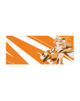 Anime girl mouse pad 28x12 inches with bold orange-and-white burst stripes and gold armor accents.