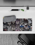 28x12 inches anime girl mouse pad in moody grayscale with icy blue, blush pink, and violet accents.