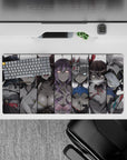 32x16 inches anime girl mouse pad in moody grayscale with icy blue, blush pink, and violet accents.