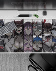 Moody grayscale anime girl desk pad 40x20 inches with glowing eyes and icy blue pink accents.