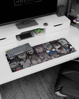 32x12 inches anime desk mouse pad showing masked girls with neon eyes, sharp linework, late-night manga scene.