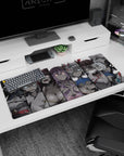 36x16 inches anime desk pad showing masked girls with piercing glowing eyes across sliced manga panels.