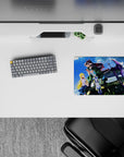 Sky-blue, autumn-leaf anime girl mouse pad 14x10 inches with crisp color and cozy adventure vibe.