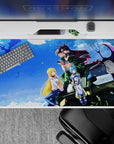 Sky-blue, sunlit anime girl desk pad 40x20 inches with warm golden glow, teal sparkle, cozy vibe.