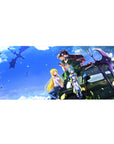 Anime girl desk pad 36x16 inches with road-trip jeep scene and four characters in vibrant sky and leaves.