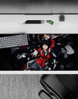 36x16 inches anime girl desk pad in crimson and black, glossy shadows, high-stakes casino vibe.