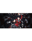 Kakegurui anime girl desk pad 36x16 inches with poker chips, cards, and dark checkered casino backdrop.