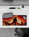 Crimson and amber burning-sky anime mouse pad 28x12 inches with glowing heat, embers, and grit.