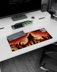 Towering kaiju over shattered skyline anime mouse pad 28x12 inches, tail curling through smoky ruins.