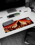 Towering kaiju over ruined city scene anime mouse pad 32x12 inches, curling tail through smoky rubble.