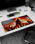 Giant kaiju with jagged spines and curling tail over burning city anime mouse pad, 32x16 inches.