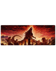 Kaiju anime mouse pad 32x12 inches with shattered skyline, jagged spines, smoke, and flying embers.