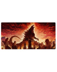 Anime kaiju skyline desk mat mouse pad, shattered city rubble art, 32x16 inches.