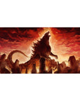Anime desk pad 40x20 inches featuring a colossal kaiju over a shattered city skyline with embers.
