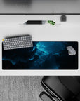 Deep ocean blue and smoky teal mouse pad, 32x12 inches, near-black shadows for a calming dramatic vibe.