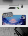 Anime mouse pad 28x12 inches in deep blues and icy purples with a calm, cinematic sunset glow.