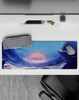 32x12 inches anime mouse pad in deep blues and icy purples, calm dramatic mood with soft sunset glow.