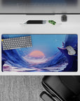 32x16 inches anime mouse pad in deep blues and icy purples, calm cinematic mood with soft coral sun glow.