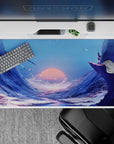 40x20 inches anime desk pad in deep blues and icy purples, calm cinematic mood with soft coral sunset glow.