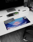 Anime mouse pad 28x12 inches showing a cloaked lone adventurer on a jagged snowy cliff at dusk.