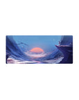 Anime mouse pad 28x12 inches with adventurer on cliff, wide sky, river valley, and coral sunset.
