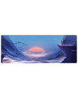 32x12 inches anime mouse pad with lone adventurer on cliff, wide sky, river valley, coral sunset.