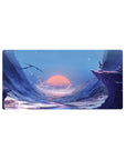 Anime mouse pad 32x16 inches with cliffside adventurer, valley river, birds, and coral sunset horizon.