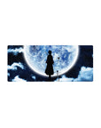 Mouse pad featuring a Soul Reaper silhouette, 28x12 inches, with blue moon, clouds, and drifting butterflies for serene solitude.