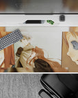40x20 inches anime mouse pad in soft warm tones, pale sky backdrop, gentle blush and peaceful mood.