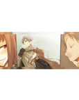 36x16 inches anime desk pad with winter couple, silver-haired guy and fox-eared girl, manga panels.