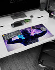 Sword Art Online mouse pad 32x16 inches featuring Kirito in a dual-wielding stance, vibrant blue and violet energy swords.