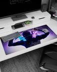 Sword Art Online anime desk pad 36x16 inches featuring Kirito's dual-wielding showdown with blue and violet swords.