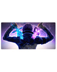Sword Art Online anime mouse pad 32x16 inches featuring Kirito in a dual-wielding showdown with vibrant swords and cosmic background.