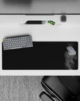 Grayscale anime girl mouse pad 32x12 inches with glossy blue eyes, calm moody late-night vibe.