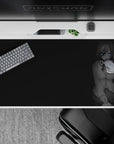 Moody grayscale anime girl desk pad 40x20 inches with calm, cozy late-night vibe and blue eye pop.