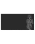 Anime girl mouse pad 32x16 inches with glossy blue-eyed headphone girl in soft grayscale on dark background.