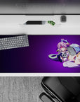 36x16 inches anime desk pad in deep violet and neon pink, dreamy flirty midnight-candy vibe.