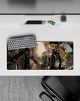 Cold cinematic black-and-red anime mouse pad with hard sunset glow and metallic arms, 28x12 inches.