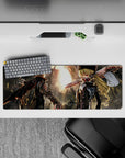 32x12 inches anime mouse pad in black and red with cold sunset glow, cinematic standoff vibe.