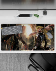 32x16 inches anime mouse pad in black and red with hard sunset glow, cold cinematic standoff vibe.