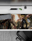 36x16 inches anime desk pad in black and red with metallic highlights, cold cinematic sunset mood.