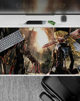 40x20 inches anime desk pad in black and crimson with cold cinematic sunset glow over shattered towers.