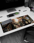 36x16 inches anime desk pad showing blonde heroine in fur hat and mask with fierce red eyes beside ally.