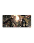 Post-apocalyptic standoff anime mouse pad, two back-to-back fighters amid rubble, 28x12 inches.