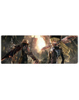 32x12 inches anime mouse pad with post-apocalyptic ruins, two fighters back-to-back, blade-like arms.