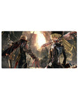 32x16 inches anime mouse pad with post-apocalypse ruins, two fighters back-to-back, blade-like metal arms.