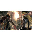 40x20 inches anime desk pad with post-apocalyptic ruins, back-to-back fighters, blade-like arms, red accents.